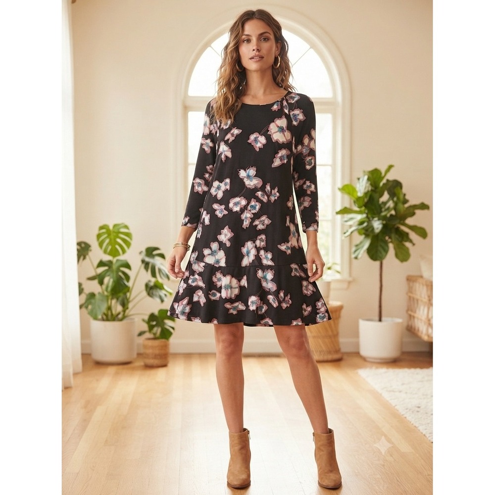 Tanya Taylor Dress Womens Large Black Floral Drop Waist Ruffle Hem Long Sleeve